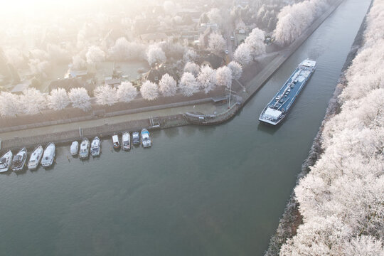 Aerial view Rhine-Herne Canal, Waltrop, Cargo ship, rime ice, North Rhine-Westphalia, Germany
