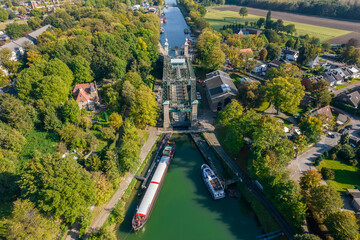 Aerial view Henrichenburg, Henrichenburg Boat Lift, Rhine-Herne Canal, Castrop-Rauxel, Ruhr area, North Rhine-Westphalia, Germany - obrazy, fototapety, plakaty