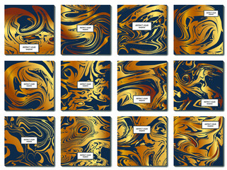 Vector template set of abstract liquid golden ink texture in the style of marbled paper on dark blue background.