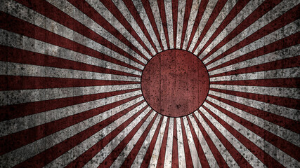 A pre-war flag of the Imperial Japanese Navy with a concrete texture and splashes of ink and dirt. Geometric abstract grunge-style background with the red sun and rays, graphic illustration, line art.