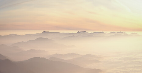 Majestic sunset in the mountains.The natural light of the sun fell on the horizon.