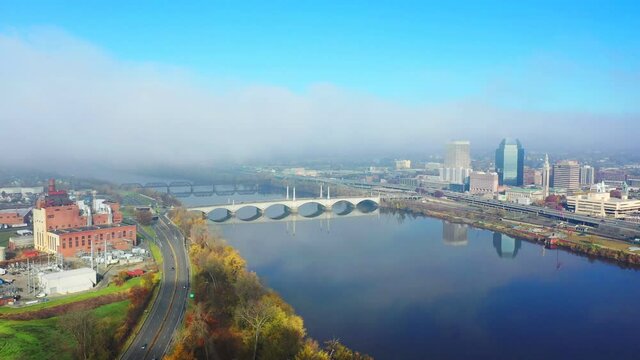 Aerial of Springfield, Massachusetts, United States with beautiful soft light 4K