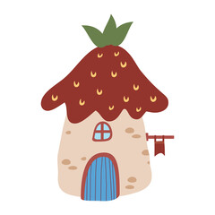 Gnome house in forest with a roof in the shape of a strawberry. Fairy tale illustration in cartoon style