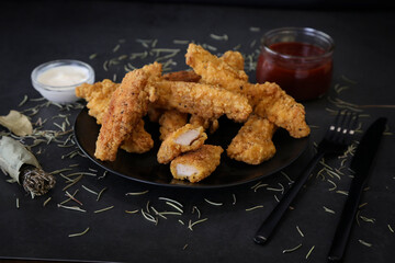 Chicken breast nuggets with popular sauces for choice on dark background