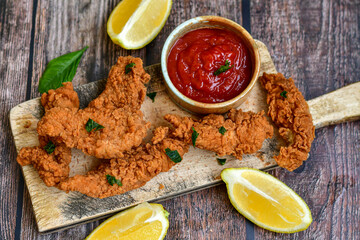 
 Crispy  deep fried   chicken strips and wedges potato. Breaded  with cornflakes chicken  breast fillets  with chilly peppers and fresh   basil on wooden rustic background