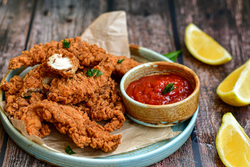 
 Crispy  deep fried   chicken strips and wedges potato. Breaded  with cornflakes chicken  breast fillets  with chilly peppers and fresh   basil on wooden rustic background