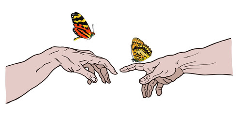 Vector hand drawn illustration from of reaching hands with colorful butterflies. Funny vector hand drawn illustration isolated on white background. - obrazy, fototapety, plakaty