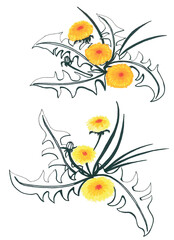 Stylish monochrome floral pattern with yellow elements. Creative isolated image in minimalism style. Large openwork leaves of an unusual shape add brightness and exclusivity to the composition.