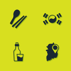 Set Food chopsticks, South Korea map, Soju bottle and flag icon. Vector