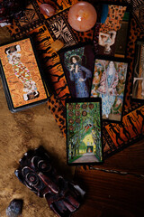 divination card Tarot set up with devil figure. close up. hobby and life style concept