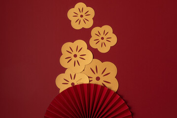 Chinese new year festival or wedding decoration over red background. Traditional lunar new year...