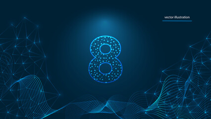 Number of 8,  abstract modern digital futuristic technology . Geometric light drops with networking lines template vector illustration on dark blue background.