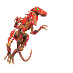 rusty raptor robot is jumping to kill