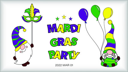Hand drawn mardi gras party invitation with gnomes, carnival mask and balloons. Vector illustration. © Надежда Романовская