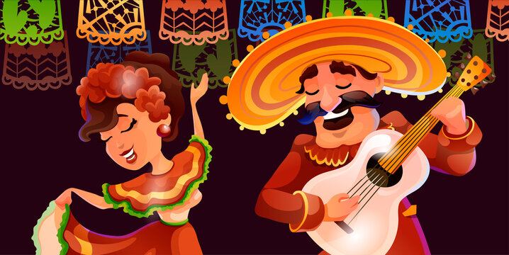 Dark header with cute Mexican characters, vector