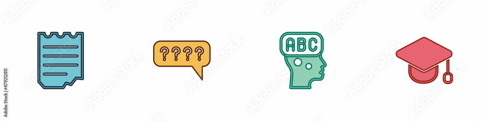 Poster set notebook, speech bubbles with question, learning foreign languages and graduation cap icon. vect