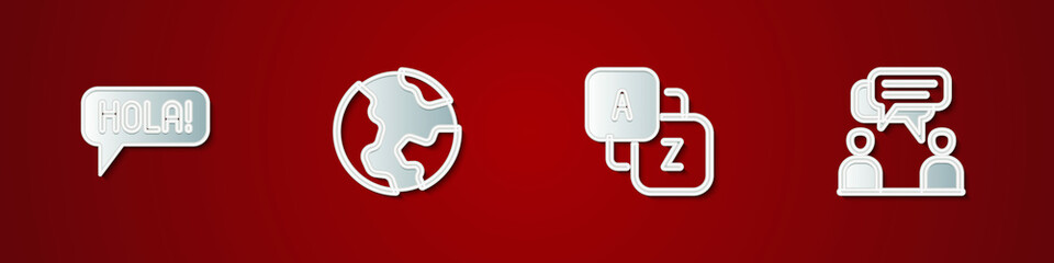 Set Hola in different languages, Earth globe, Vocabulary and Two sitting men talking icon. Vector © vector_v