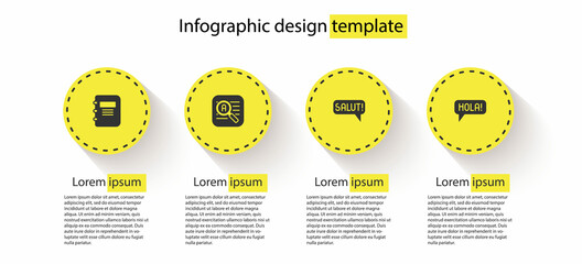 Set Notebook, Translator, Salut in different languages and Hola. Business infographic template. Vector © vector_v