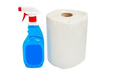 Blue washing liquid in a bottle and disposable towels on a white background. Isolation on a white background