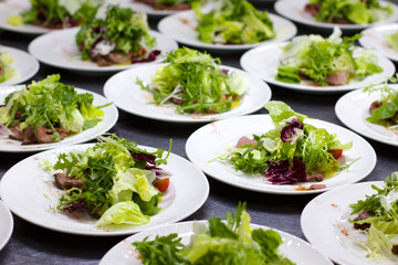 Many white plates with green salad
