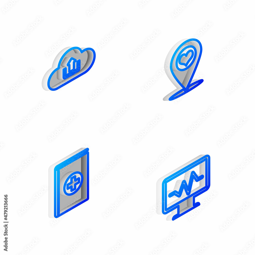 Poster set isometric line map pointer with heart, cloud upload, medical book and monitor cardiogram icon. v