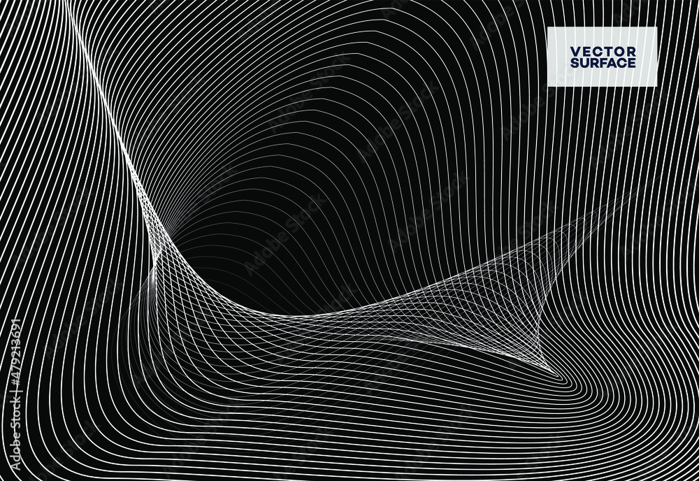 Poster vector optical art illusion of geometric black and white abstract line surface flowing like a hypnot
