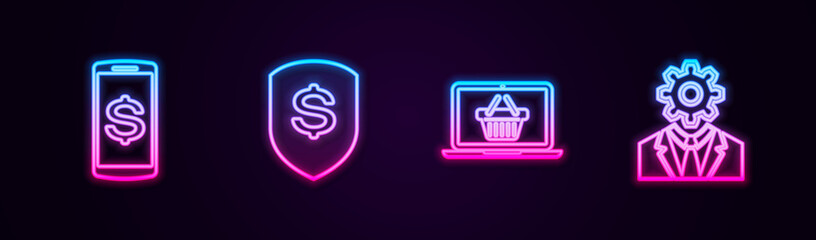Set line Smartphone with dollar, Shield and, Shopping basket laptop and Head gear inside. Glowing neon icon. Vector