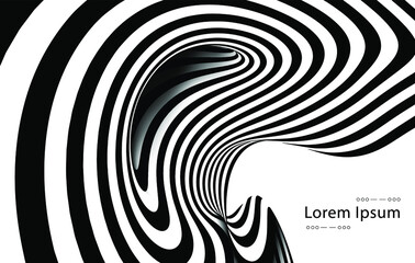 Vector optical art illusion of striped geometric black and white abstract surface flowing like a hypnotic worm-hole tunnel. Optical illusion style design.
