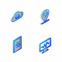 Set Isometric line Map pointer with heart, Cloud upload, Medical book and Monitor cardiogram icon. Vector