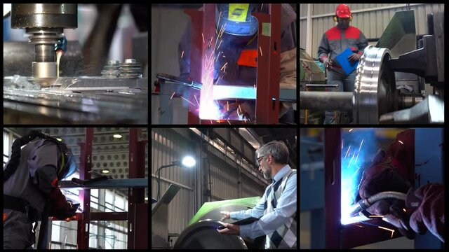 Train Manufacturing - Conceptual Video Wall. Manager Using Digital Tablet And Giving Orders To Black CNC Machine Operator In A Train Factory. Welders With Torch And Welding Sparks. 
