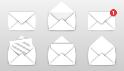 Set of white envelopes icons. Open and close letter on gray background.