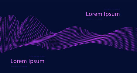 Vector wave surface of pink dots particles on dark blue background. Cyberspace grid terrain of ripple circles surface from 3d rendering.