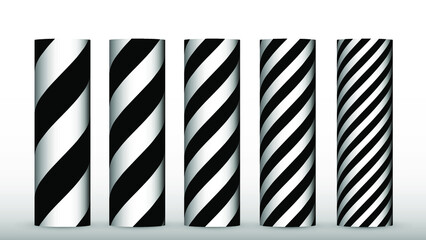 Black and white vector illustration of a set of 5 spiral striped cylinders with different stripes dimensions. 