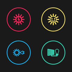 Obraz premium Set line Sun with electric plug, Solar energy panel and light bulb, Cute sun smile and icon. Vector