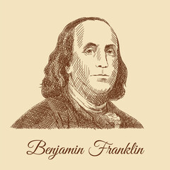 Sketch portrait of Benjamin Franklin from a 100$ banknote. Engraving portrait of the President of America. Portrait of a man in an antique suit. Vintage brown and beige card, hand-drawn, vector. - obrazy, fototapety, plakaty