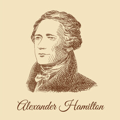 Sketch portrait of Alexander Hamilton from a 10$ banknote. Engraving portrait of the President of America. Portrait of a man in an antique suit. Vintage brown and beige card, hand-drawn, vector.