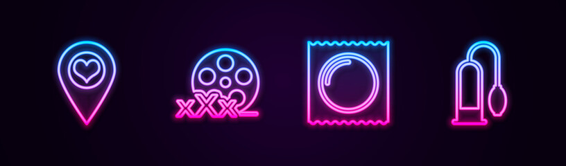 Set line Location with heart, Film reel Sex, Condom in package and Penis pump. Glowing neon icon. Vector
