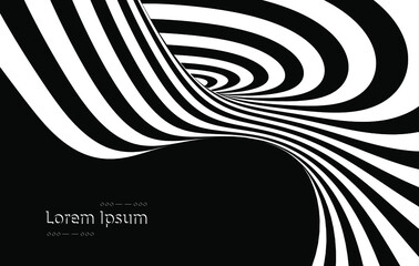 Vector optical art illusion of striped geometric black and white abstract surface flowing like a hypnotic wormhole tunnel. Optical illusion style design.