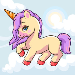 Cartoon cute unicorn mascot isolated with cloud view