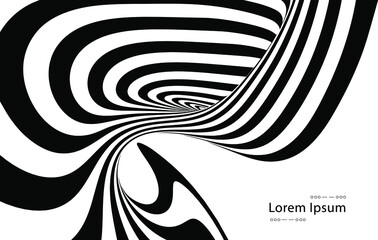 Vector optical art illusion of striped geometric black and white abstract surface flowing like a hypnotic wormhole tunnel. Optical illusion style design.