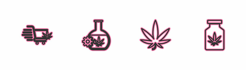 Set line Shopping cart with marijuana, Marijuana or cannabis leaf, Test tube and Medical bottle icon. Vector