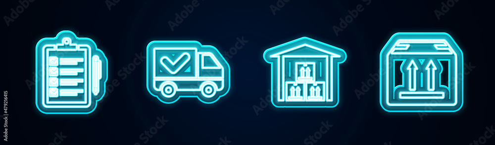 Poster set line verification of delivery list, delivery truck with check mark, warehouse and cardboard box 
