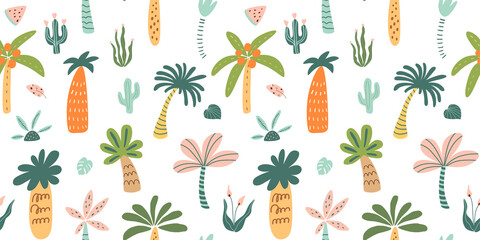 Childish tropical pattern. Cartoon palm trees, jungle background, rainforest repeated texture. African wallpaper, cute safari texture. Graphic illustration. Summer tropic nature print.