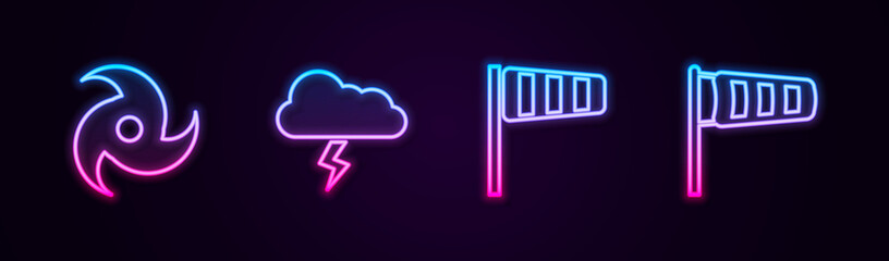 Set line Tornado, Storm, Cone windsock wind vane and meteorology. Glowing neon icon. Vector