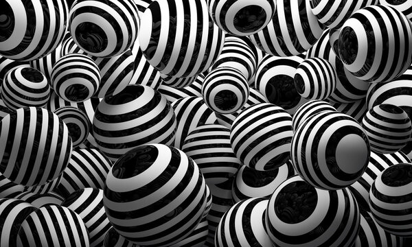 Abstract 3d illustration rendering background of falling black and white striped balls.