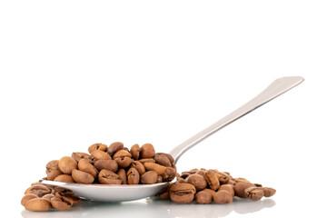 Several fragrant freshly roasted coffee beans with a metal spoon, close-up, isolated on white.