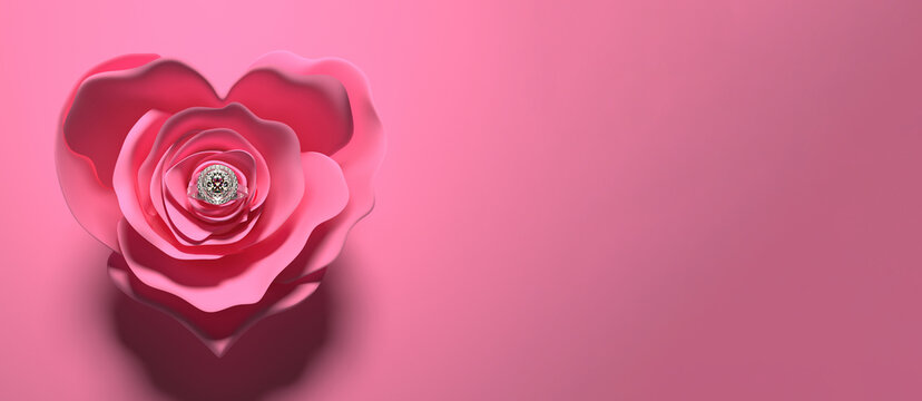 A white gold engagement ring with diamonds lying in the middle of a rose flower with heart-shaped petals. Elegant wedding background. 3D render illustration.