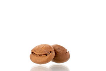 Two fragrant freshly roasted coffee beans, close-up, isolated on white.