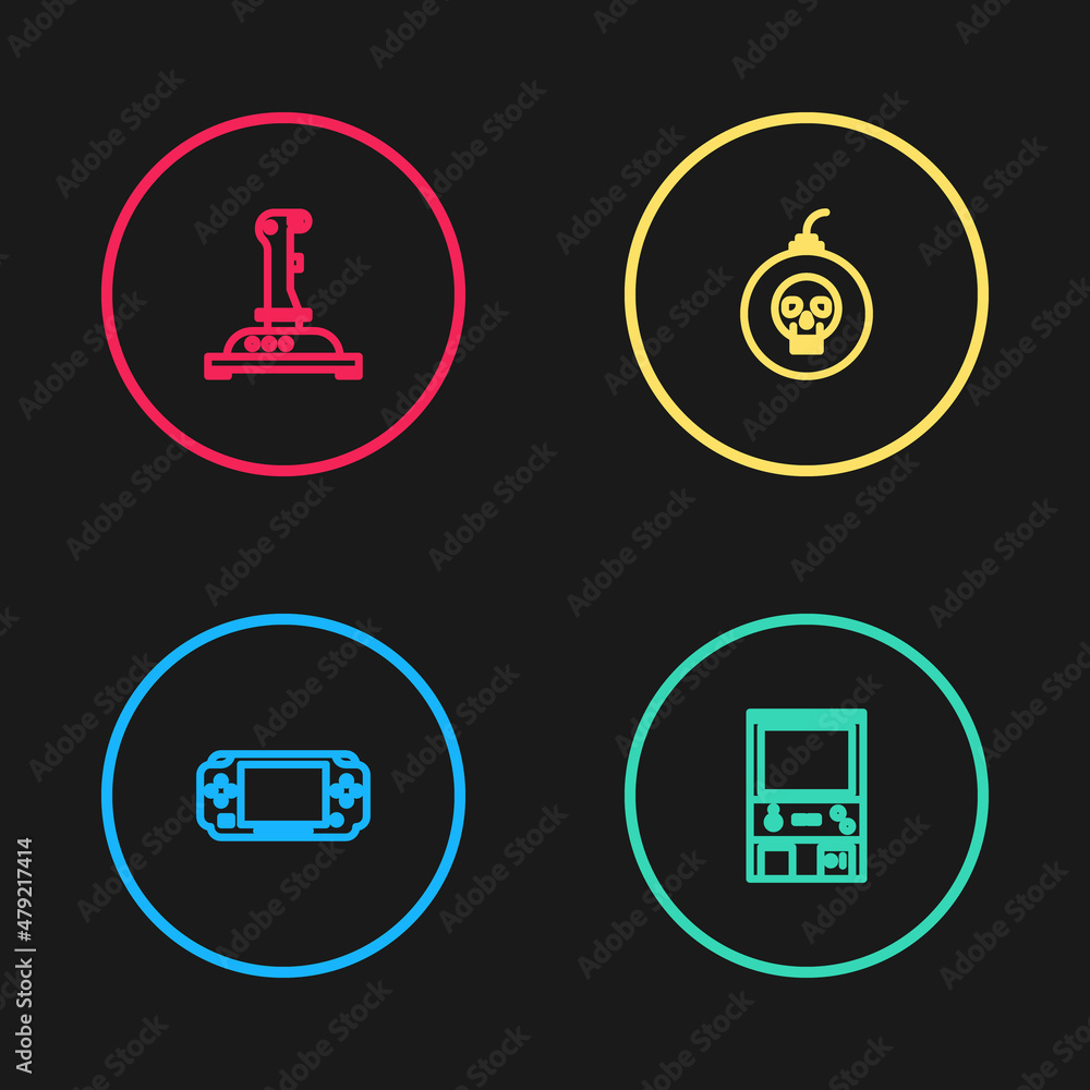Poster set line portable video game console, retro arcade machine, bomb ready to explode and joystick for i