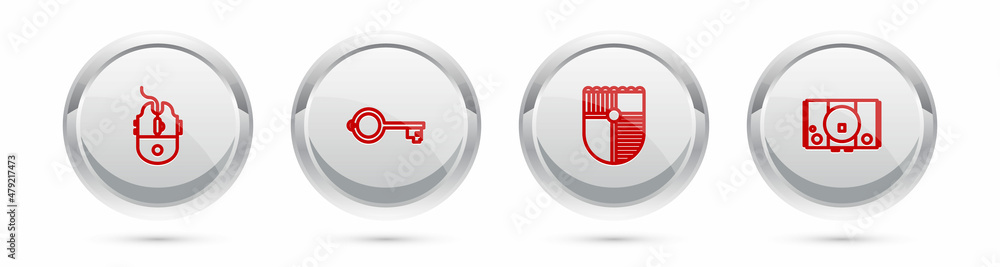 Poster Set line Computer mouse gaming, Ancient key for game, Shield and Video console. Silver circle button. Vector